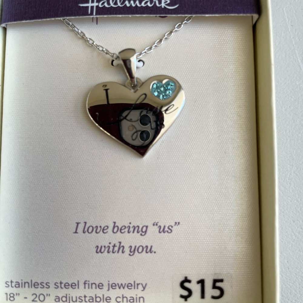 Hallmark Silver Stainless Steel I Love Us Blue Crystal Heart Necklace New In Box